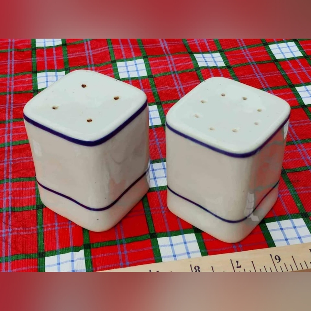 Viana Do Castelo Portuguese Square White Blue Band Salt Pepper Shakers - Vintage